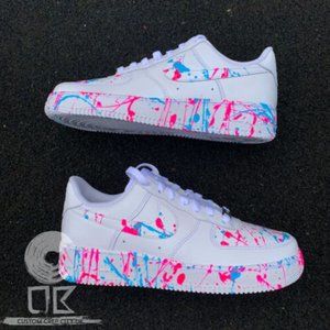Nike Air Force 1 Custom Sneakers Splatter Gender Reveal Neon Blue Pink Shoes